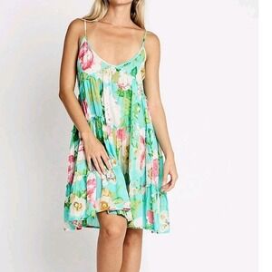 Debbie Katz South Beach Women Blue Floral Tier Ruffle Mini Dress S beach resort